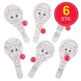 Baker Ross FX663 Christmas Wooden Paddleball Colouring Sets - Pack of 6, Christmas Party Bag Fillers for Kids