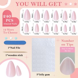 Bellelfin 240Pcs Almond Press on Nails Short, Glossy Nude Pink Fake Nails Full Cute False Nails Solid Color Acrylic Almond Nails Press on with Adhesive Tabs for Women Girls Fingernails Artificial