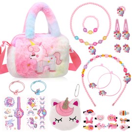 ViEinkaufen 26 Pcs Unicorn Kids Jewellery Set for Girls, Unicorn Plush Bag, Purse, Headband, Hair Rope & Clips, Necklace, Bracelet, Earrings, Ring, Stickers for Age 3-7 Girls Jewellery Accessories