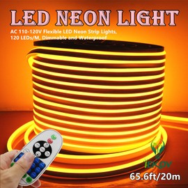 IEKOV LED NEON Light, AC 110-120V Flexible LED Neon Strip Lights, 120 LEDs/M, Dimmable, Waterproof 2835 SMD LED Rope Light + Remote Controller for Home Decoration (65.6ft/20m, Golden Yellow)