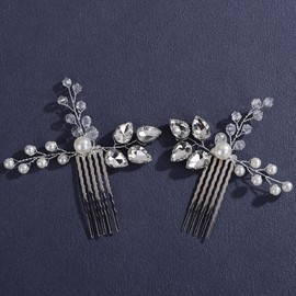 Lenjicons Rhinestone Pearls Beads Hair Comb Set Silver Bridal Hair Comb Elegant Rhinestone Hairpiece Handmade Crystal Beads Wedding Headpiece for Women(2pcs）