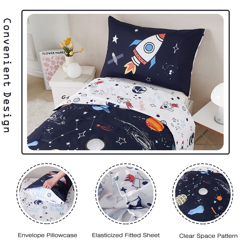 PERFEMET Twin Comforter Set 4 Piece Kids Space Rockets Comforter