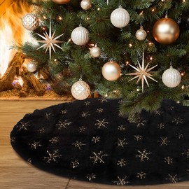 yuboo - Falda negra para árbol de Navidad, piel sintética de 48 pulgadas con copos de nieve de lentejuelas doradas, alfombra esponjosa para decoración de árbol de Navidad y oro negro