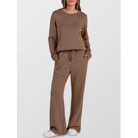 ANRABESS Women's 2 Piece Lounge Sets Casual Travel Outfits Wide Leg Tracksuit Sweatsuits Matching Set 2025 Fall Clothes Brown Medium