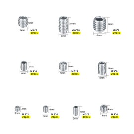 200 Pcs Grub Screws Set, M3/M4/M5/M6/M8 Cup Point Grub Screws, Stainless Steel Hex Head Allen Screws, Thread Hex Socket Cup Point Fasteners Screws Assortment Kits