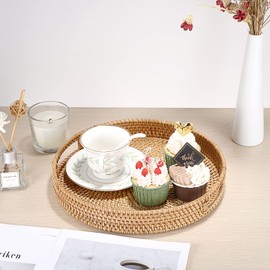 Hipiwe Round Rattan Serving Tray with Handles, Hand-Woven Decorative Organizer Tray for Storage Breakfast Drinks Snack, Centerpiece Fruit Basket for Home Decoration,Large