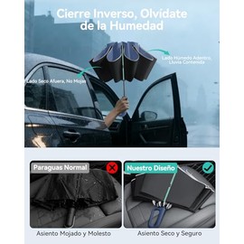 Paraguas Automático, Paraguas Reforzado con 60 varillas, Sombrilla con Hebilla de Anillo, Paraguas Grande de Plegado Invertido con Anillo Reflectante, Sombrillas para Lluvia para Hombres y Mujeres