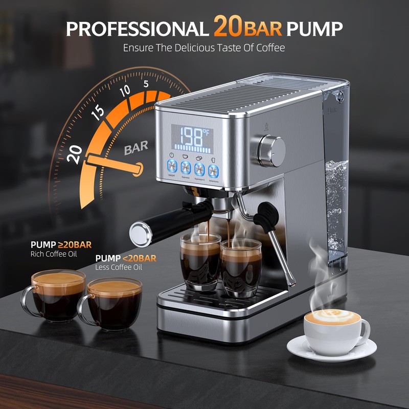 LERTIN Espresso Machine, 20Bar Compact Stainless Espresso Maker, With Milk