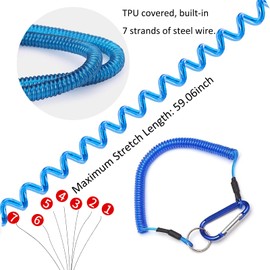 LAIBOREC Fishing Lanyards, 7PCS Retractable Steel Wire Coiled Lanyard Safety Fishing Tool Ropes Accessories with Carabiner and Split Ring for Pliers Lip Grips Tackle, Boating, Kayak (Blue)