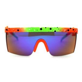 Flat Top Crooked Bolt Arm Goggle Style Color Mirror Shield 80s Sunglasses (Green Orange Blue Mirror)