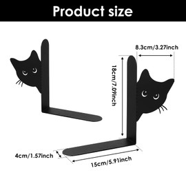 2Pcs Peeping Cat Metal Bookends, Cute Black Cat Book Ends for Shelves, Desktop Book Holder with Smooth Surface Edge for Home Office Desk Decor, Cat Lover Gifts for Women Kids(Full face)