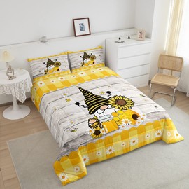 Erosebridal Bee Gnome Comforter Set King, Sunflower Daisy Floral Bedding Set for Kids Boys Girls, Honeycomb Honey Can Duvet Set Home Room Decor, Yellow Farm Cartoon Soft Down Comforter 3 Pcs
