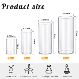 Homjoy 48 Pack Thick Glass Cylinder Vases 4,6,9,12 Inch Tall Clear Flower Vase Hurricane Floating Candle Holder for Table Centerpiece Wedding Home Decor