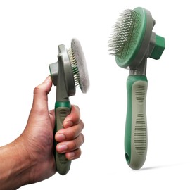 Good Wave Self-Cleaning Pet Brush for Dogs and Cats - Pro Deshedding Grooming Tool, Soft Tips, One-Touch Hair Removal, Long Short Hair, All Breeds (Green)