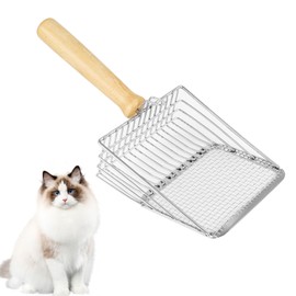 PEGRAUFC Cat Litter Tray Scoop, Metal Cat Litter Scoop with Comfort Wooden Handle, Sand Leakage Distance 7 mm, Litter Box Scoop, Cat Accessories, Cat Scoop for Cat Litter Tray