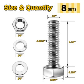 Mywish (8 Sets) 3/8-16x1-1/4 Hex Head Assorted Screws Nuts and Bolts with Flat & Lock Washers, 304 Stainless Steel 18-8, Fully Threaded, 3/8 Bolt Metric Bolt Assortment