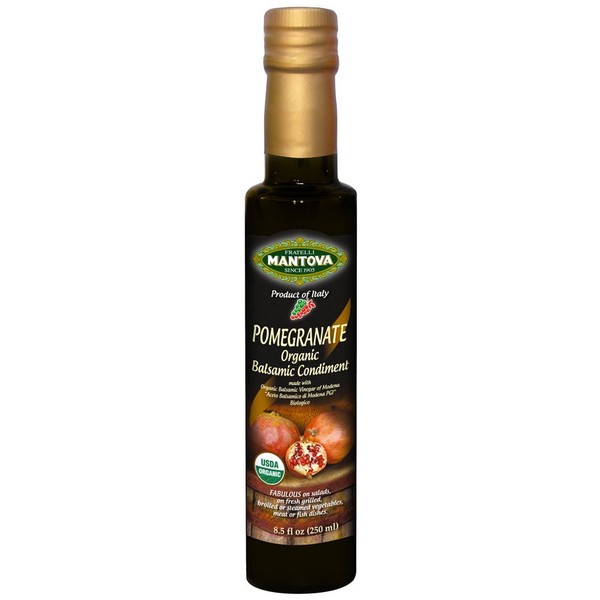 Pomegranate Organic Balsamic Vinegar of Modena 8.5 Oz, pomegranate’s sweet, refreshing flavor blends magically with the richness of the balsamic vinegar.
