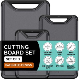 Cutting Boards for Kitchen, Plastic Cutting Board Set of 3, Dishwasher Safe Cutting Boards with Juice Grooves for Meat, Veggies, Fruits, Easy Grip Handle, Non-Slip (Black/Gray)