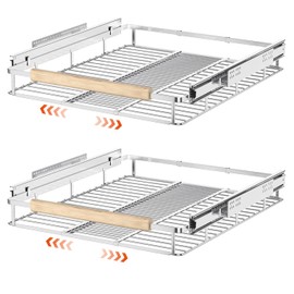 SANNO Expandable Pull Out Cabinet Organizer, Heavy Duty Under Sink Slide Out Cabinet Organizer, Pots Pans Kitchen Organizer Basket, Smooth Roll adjustable Sliding Drawer Expand to 12 to17.5, 2 Pack