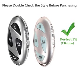 OLLEN Screws-Free Genuine Leather Key Fob Cover Fit for Hyundai Ioniq 6 Grandeur GN7 2023 2024 2025~, Fit for Sonata Elantra Kona Santa Fe 2024 2025~(7 Button,Blue)