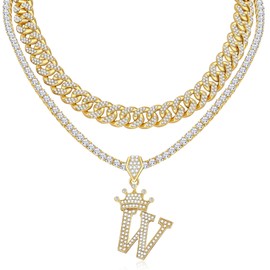 WFYOU Cuban Link Chain for Women Crown Gold Initial Pendant Necklace 18K Gold Plated Alphabet Letter Pendant Choker Hip Hop Diamond Chain Custom Name Necklace Trendy Dainty Rapper Jewelry Gift