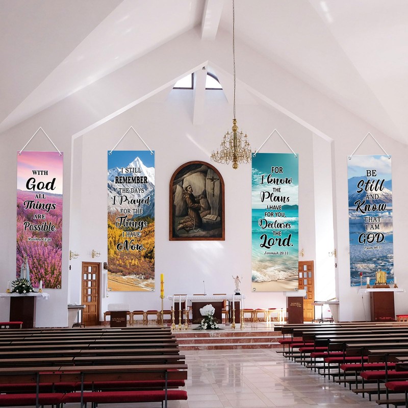 Moukeren 4 Pcs Church Banners with Scripture Religious Porch Banners