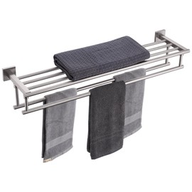 KOKOSIRI Towel Shelf with Double Towel Bars 32 Inches Bathroom Towel Rack Bath Towel Holder Wall Mounted Stainless Steel, Brushed Nickel, B6005BR-L32