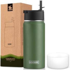 koodee Water Bottle-16 oz Stainless Steel Double Wall Vacuum Insulated Sports Water Bottle with Straw for Girls and Boy (Grass Green)