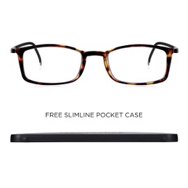 Blue Light Glasses Zero Magnification for Computer, Gaming, Digital & TV for Eye Protection, Thin Brown Tort Flat Folding Frames in Stylish Black Case. Read Optics