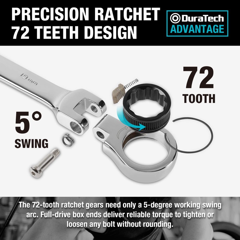 DURATECH 12-Piece Flex-Head Ratcheting Combination Wrench Set, 72-Tooth, Metric, 8-19mm,
