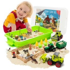 Kipipol 59 PCS Farm Sensory Bin Sandbox with Lid, 2.2 LB Sensory Sand, 40 Toddler Farm Toys, 3 Take Apart Construction Trucks -Sensory Toys for Kids 5-7, 3-4 & Up- Kids Gifts for Boys and Girls