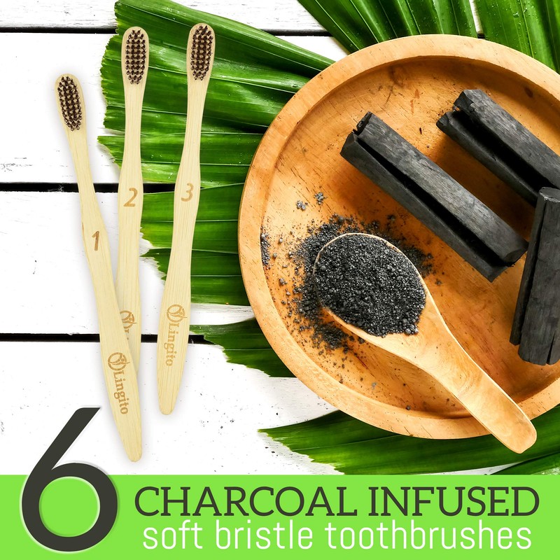 Lingito 6-Pack Natural Charcoal Bamboo Toothbrushes | BPA Free Soft