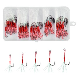 Assist Fishing Hooks Kit Saltwater Jig Hooks Strong Braided Line Assist Hook Carbon Steel Circle Fishing Hooks Fishing Jigging Artificial Bait Hooks (60 Pieces Assist Kit with White Tinsel)
