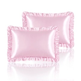 HommxJF Silky Satin Ruffled Pillow Cases for Hair and Skin,Pink Silk Pillowcases King Set of 2 with Envelope Closure Princess Room Decoration