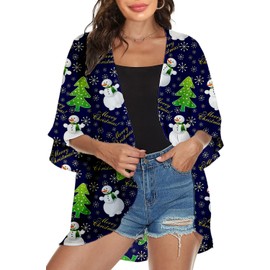 Women Merry Christmas Costume Xmas Tree Puff Sleeve Kimono Santa Hat Cardigan Snowman Snowflakes Cover Up Ugly Reindeer Blouse Tops