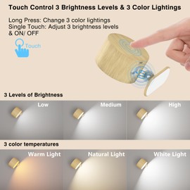AKSDA Battery Operated Wall Light, LED Wall Sconce with 3 Color Modes 3 Brightness Levels 360°Rotation Lighting Touch Control, Wall Mounted Lamp Cordless Wall Lamp for Bedroom Reading Bedside-1Pack