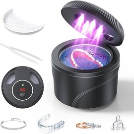 Ultrasonic Retainer Cleaner, 45kHz Retainer Cleaner Machine for Dentures, Mouth Guards, Aligner, Toothbrush Heads, Jewelry, 4 Modes Denture Cleaner with Digital Timer & 200ML Dental Cleaning Pod - Color: Black