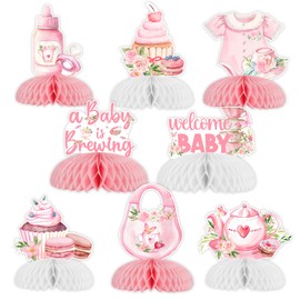 kreat4joy Tea Party Baby Shower Decoration Girl, 8pcs A Baby is Brewing Decoration Table Honeycomb Centerpiece Pink Double-Sided Printing for Flower Princess Gender Reveal Supplies