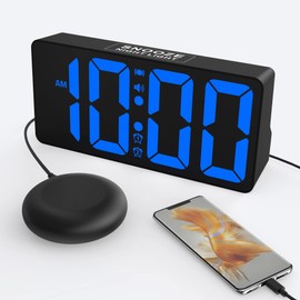 Loud Alarm Clock with Bed Shaker for Deep Sleepers, Pigeons and Hearing Impaired, Night Lights, Alarm Clock Digital Large Screen with Charging Function, USB Port, 0-100% Brightness, 12/24H & DST,