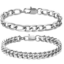 Gamtic Men's/Boys' Stainless Steel Bracelet, 2 Pieces, Silver/Black/Gold, Curb Chain, 19/21/23 cm, Gift for Him Dad, Boyfriend, Husband, Brother, Stainless Steel