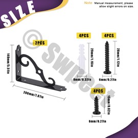Swpeet 2Pcs 8'' Decorative Shelf Brackets, Heavy Duty Rustic Iron Metal Corner Shelf, Wall Mounted L Shape Floating Shelf Bracket Kit Contains 15MM/28MM Screws, Wall Anchors for DIY Open Shelf, Black
