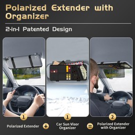 PJLJY Polarized Sun Visor for Car with Organizer, Upgraded Adjustable 220° Visor Extension, Handmade PU Leather Universal Sun Visor Extender Protects from Sun Glare, UV Rays, Snow Blindness