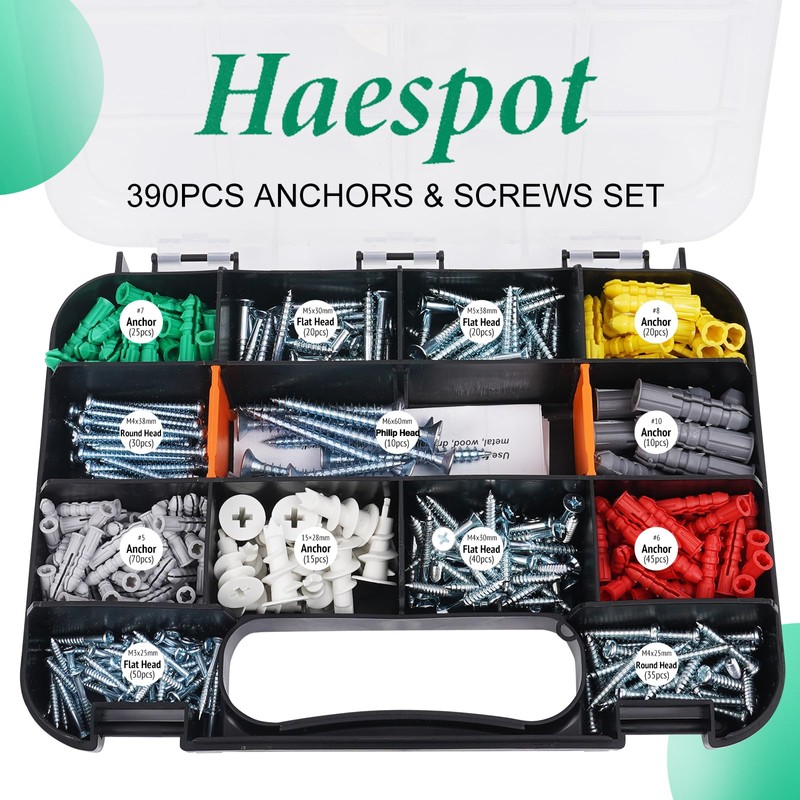 Haespot 390-Piece Multi-Functional Drywall Anchor and Screw Kit, 6 Different