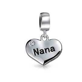 Engrave Word Nana Heart Dangle Bead Charm For Grandmother Crystal Accent Oxidized .925 Sterling Silver Fit European Bracelet