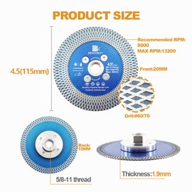 Diamond Porcelain Tile Saw Blade - BRSCHNITT 4.5" Super Thin Diamond Cutting Grinding Disc with X Teeth with 5/8 Thread for Ceramic Tiles,Granite,Marble Angle Grinder Circle Saw Blade