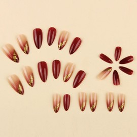 MISUD Fall Press on Nails Medium Almond Fake Nails Glossy Glue on Nails Wine Red Ombre Acrylic Nail Supplies Stiletto Artificial Nail Art Gold Foil Stick on False Nails with Design DIY 24 pcs
