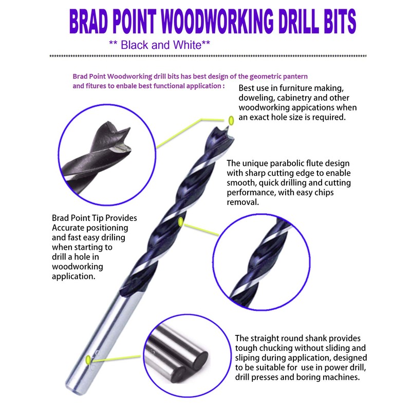 Wood Brad Point Drill Bit Set 3/8 in. 10Pcs Spur
