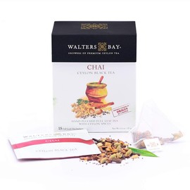 Walters Bay Chai Tea, 15 Count, Premium, 100% Hand Plucked, Orange Pekoe Ceylon Black Tea, Caffeinated, All Natural, Pyramid Bag, Sri Lankan Tea