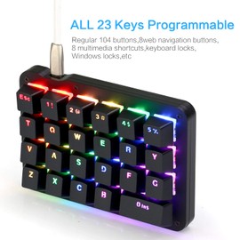 Koolertron One Handed Macro Mechanical Keyboard, RGB LED Backlit Portable Mini One-Handed Mechanical Gaming Keypad 23 Fully Programmable Keys Blue Switches