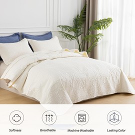 SheRest Full Quilt Bedding Set - Soft Breathable Bed Quilts, Modern Style Embossed Bedspreads, Lightweight Microfiber Reversible Coverlet for All Seasons, Cream, 3 Pieces (1 Quilt,2 Pillow Shams)